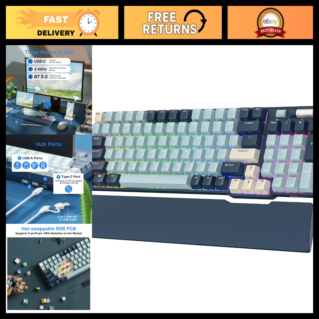 RGB Wireless Mechanical Gaming Keyboard with Wrist Rest - Compact & Customizable
