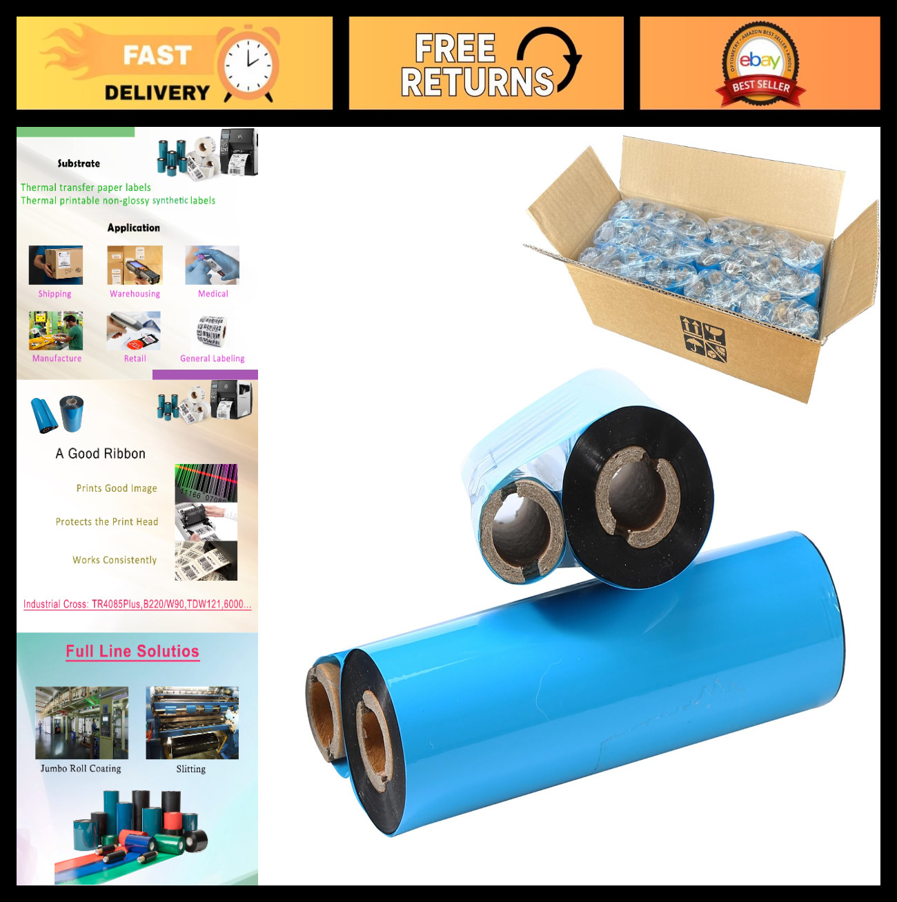 24 Rolls Premium Black Thermal Transfer Ribbon 4.33"x244' for Barcode Printers