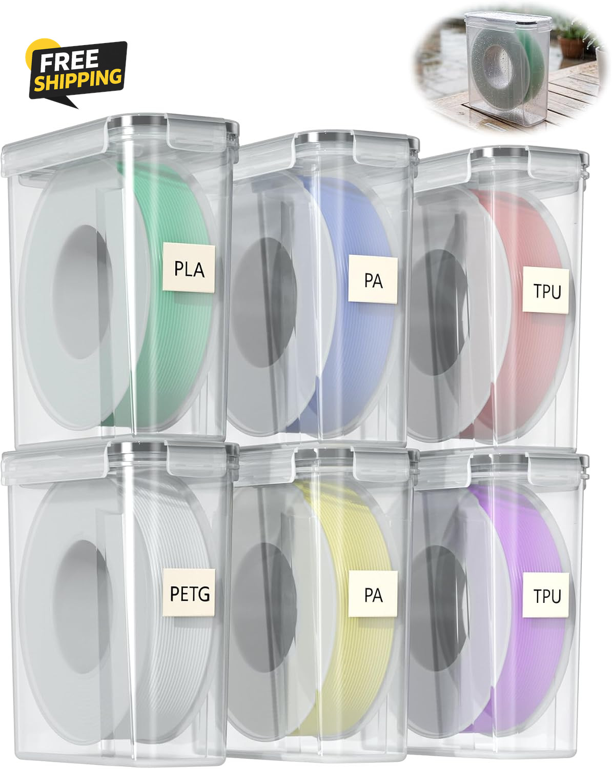 6Pack  3D Printer Filament Storage Box Airtight Dry Box 1KG Spool Clear
