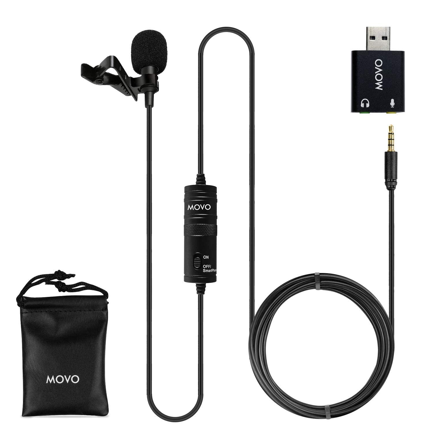 Movo LV1-USB Lavalier Microphone for Camera, Lapel iPhone and black