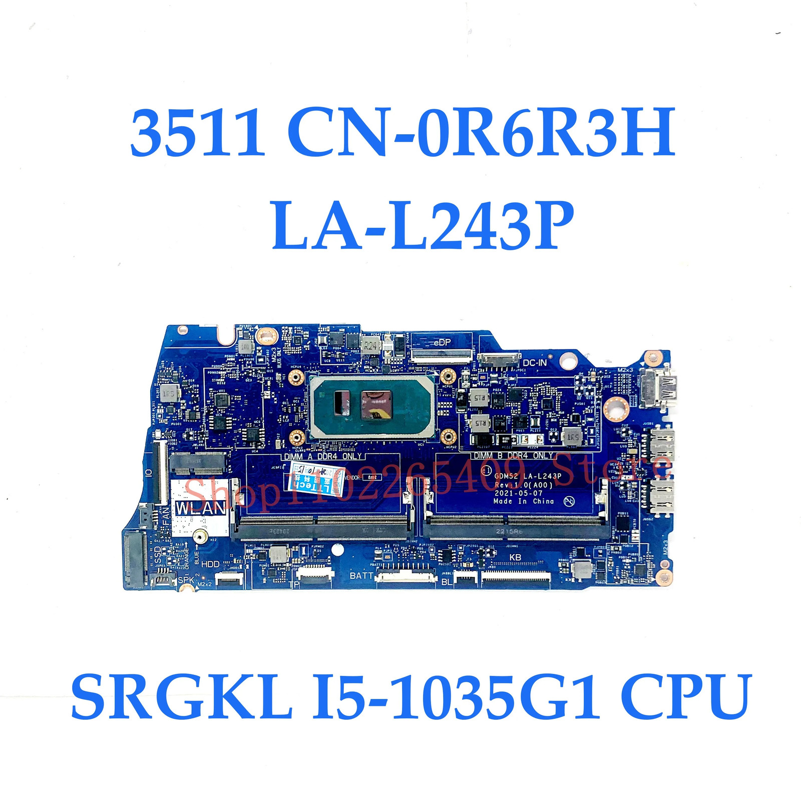 0R6R3H 03P9HH Mainboard For DELL 15 3511 Laptop Motherboard LA-L243P I5-1035G1