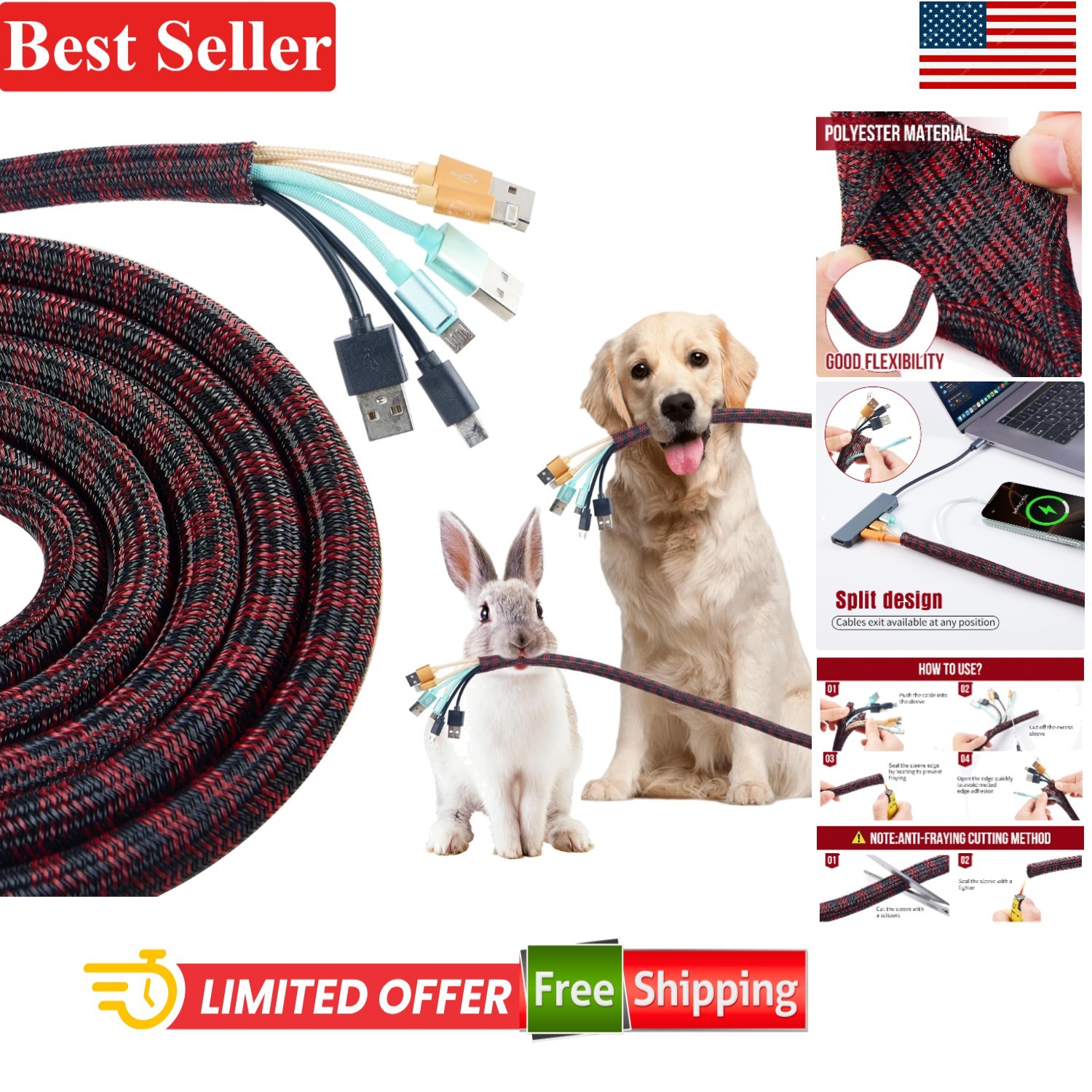 Cable Sleeve 50ft Split Braided Wire Loom Protector for Desk TV Home Black Red