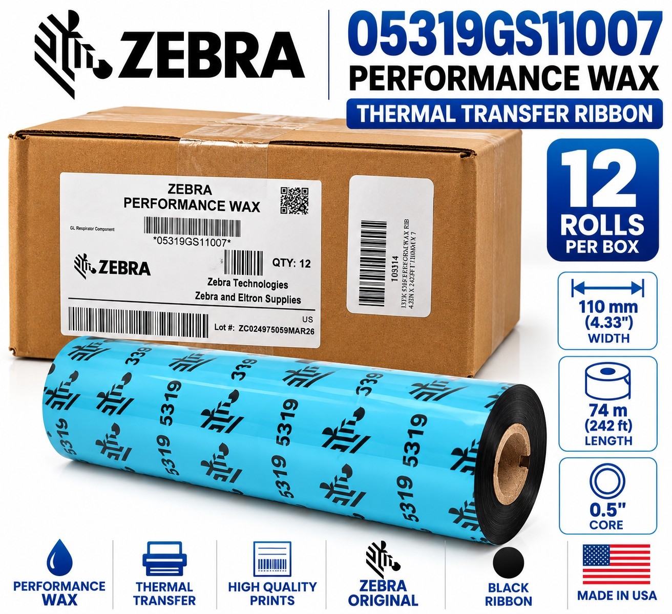 Zebra 05319GS11007 5319 Performance Wax Thermal Transfer Ribbon 12 Rolls NEW
