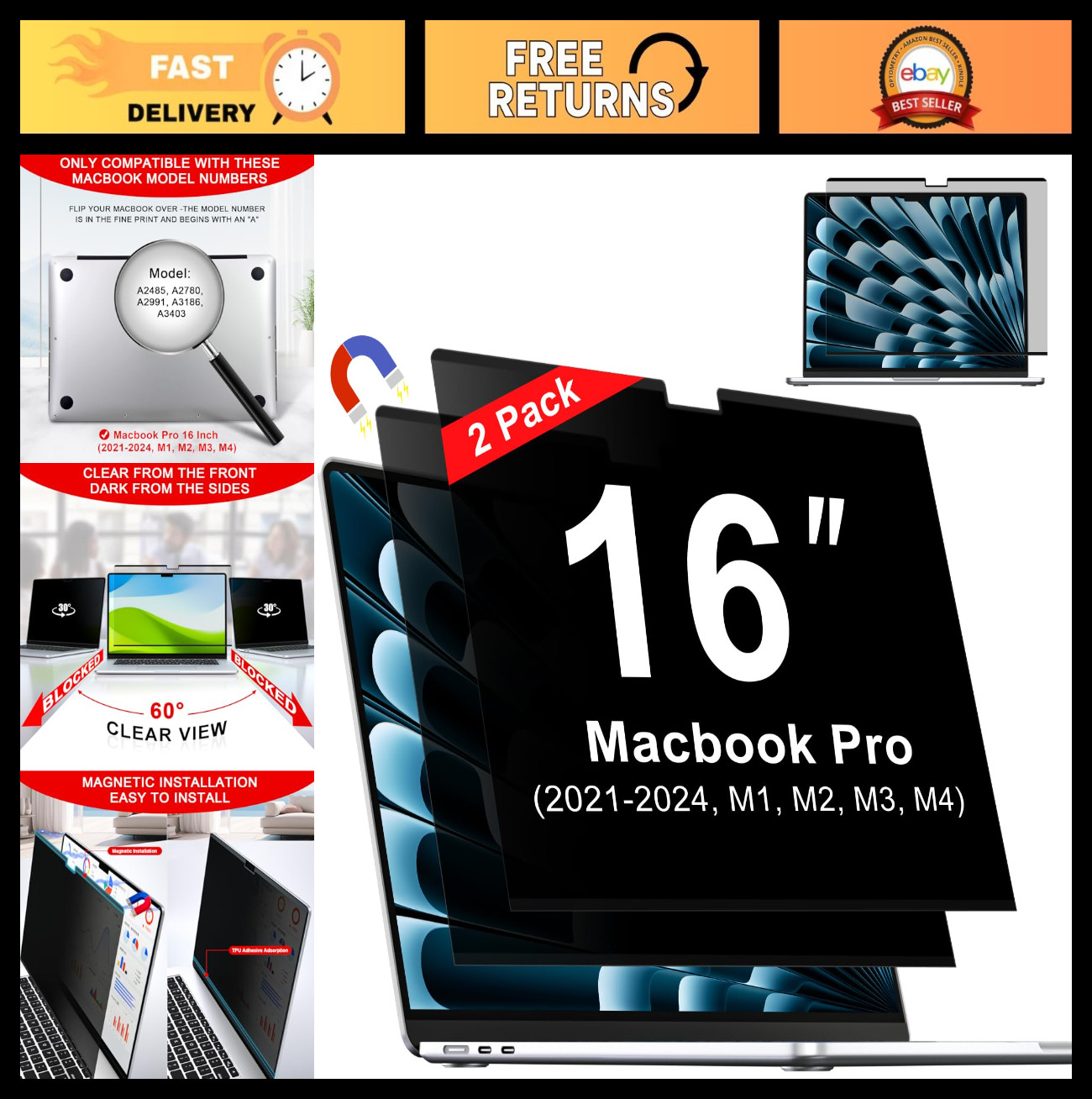 Magnetic Privacy Screen for 16" MacBook Pro (2021-2024) - Removable Anti-Glare F