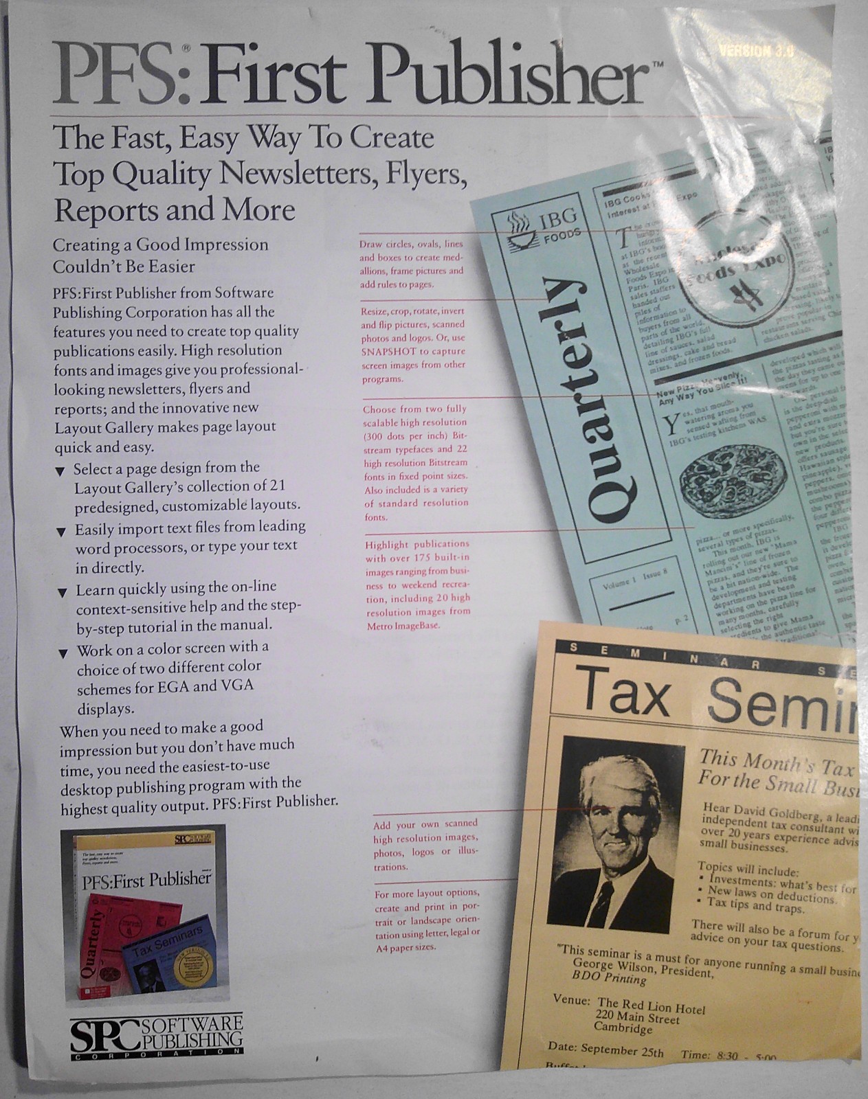 1990 PFS:First Publisher Flyer. Easily create top quality publications on IBM PC