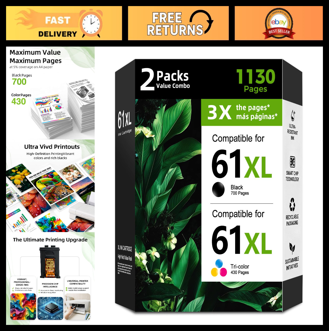 High Yield 61XL Ink Cartridge 2 Pack - Vivid Black & Color Combo for Envy Printe