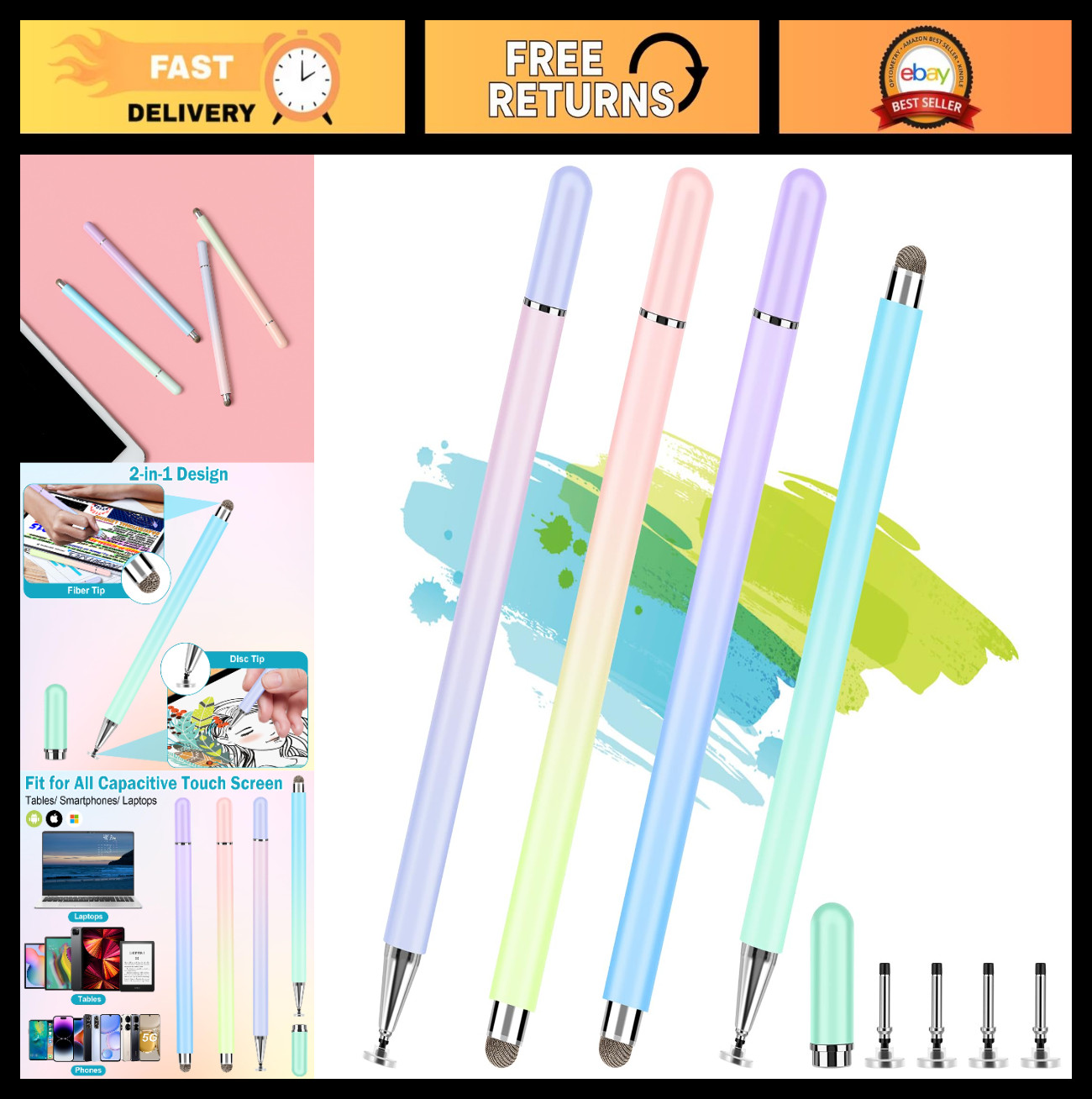 4 Pcs High Precision 2-in-1 Stylus Pens for Touch Screens, Magnetic Cap, iPhone,