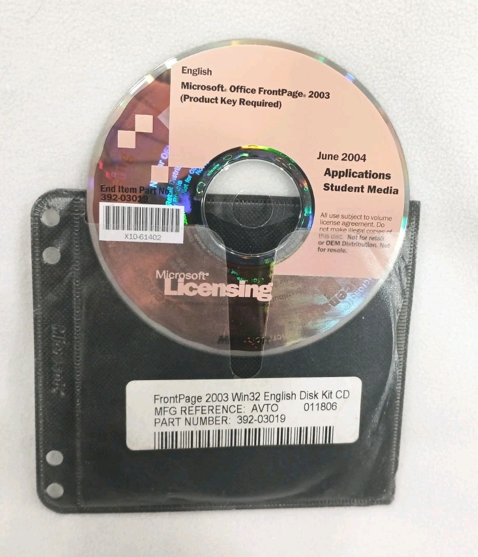 Microsoft Front Page 2003 Applications Student Media CD w/ Product Key Software