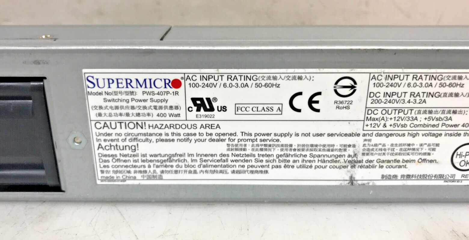 SuperMicro 80 Plus Platinum 400W Power Supply PWS-407P-1R