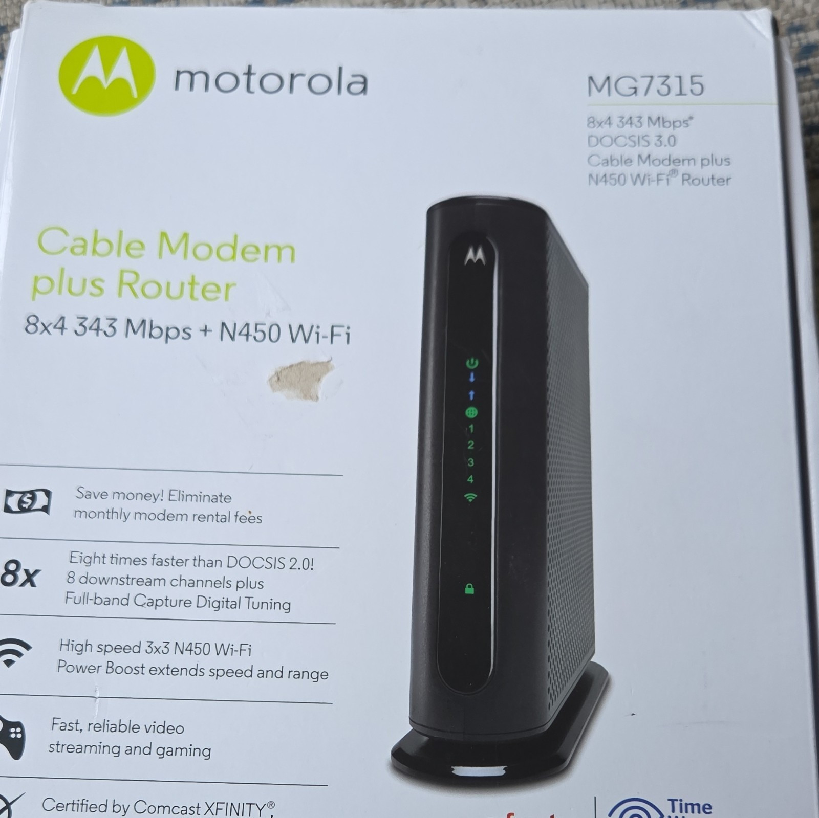Motorola MG7315 Cable Modem Router DOCSIS 3.0 343Mbps N450 Wi-Fi Power Boost