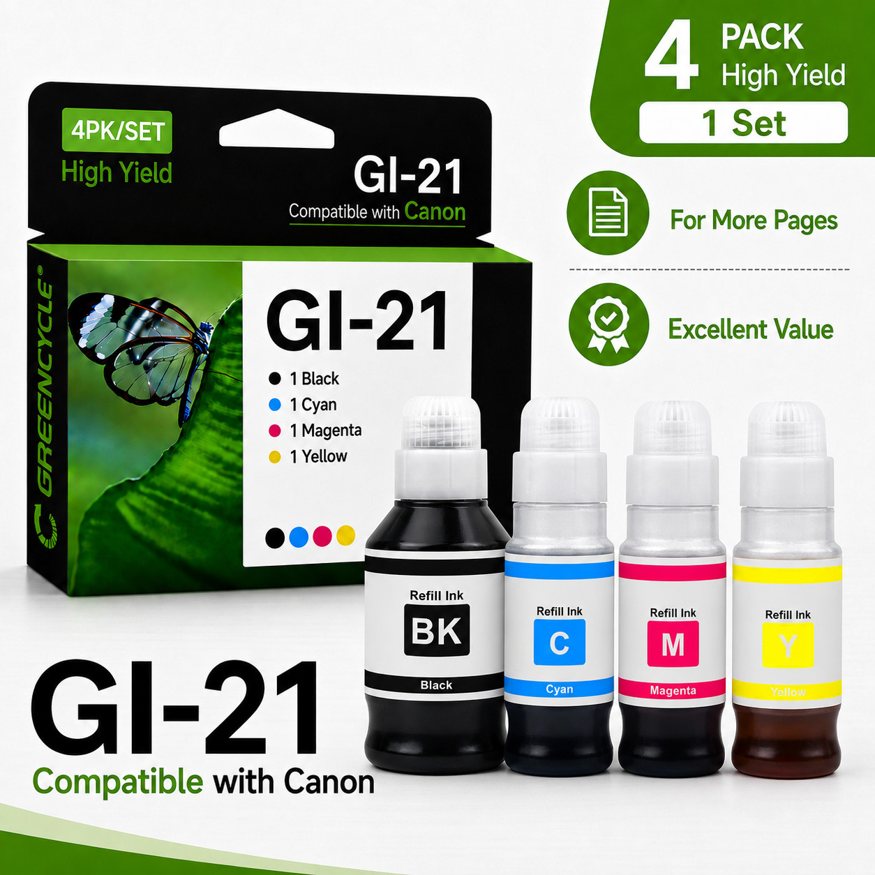 GI-21 Ink Bottle Combo Pack 4-Pack for Canon PIXMA G3270 G3260 G4270 G2260 G1230