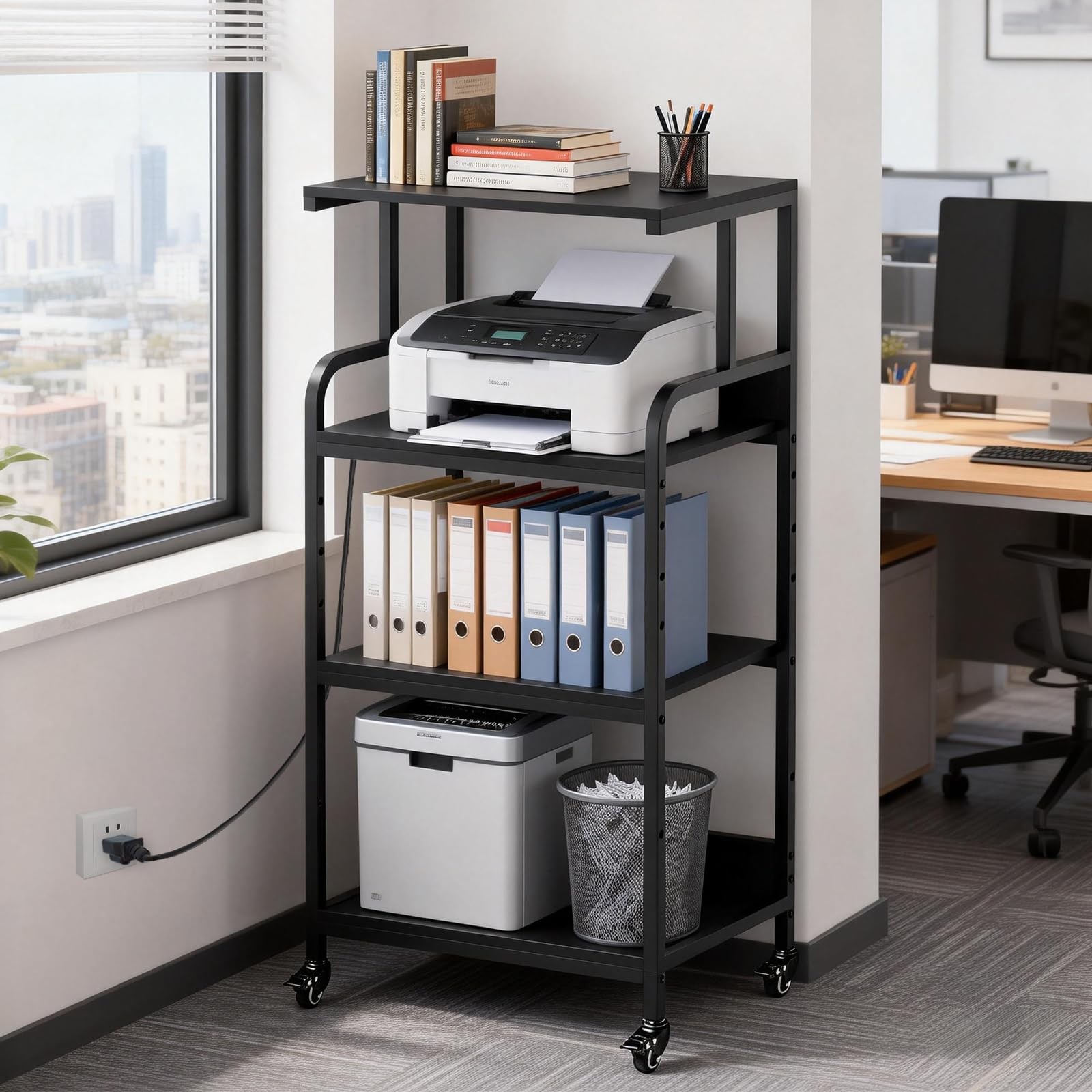 Black 4 Tier Adjustable Shelf Mobile Printer Stand Rolling Storage Cart