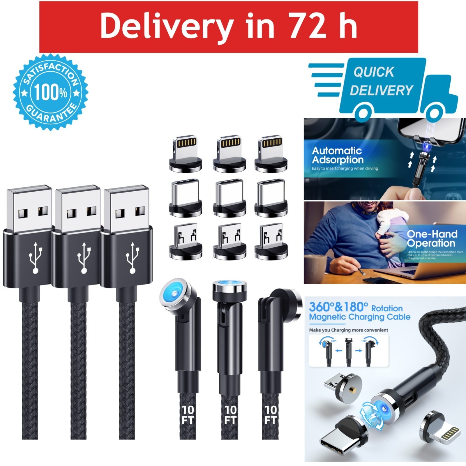 3-Pack 10FT Magnetic Charging Cable 540° Rotating USB LED Nylon Braided Charger
