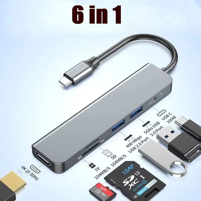 6 Ports USB C Hub to 4K HDMI-Compatible SD TF Card Reader USB 3.0 2.0 HUB Type C
