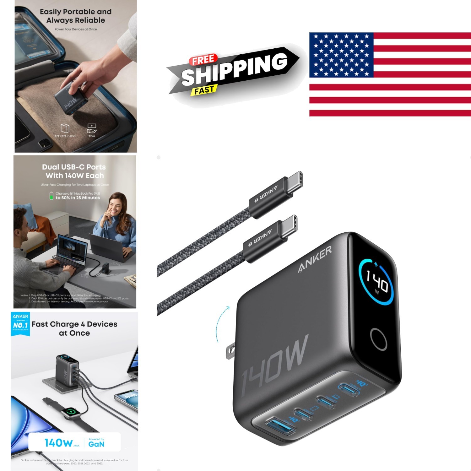 Laptop Charger 140W USB C Fast Charger with 4 Ports for Multi Device Charging