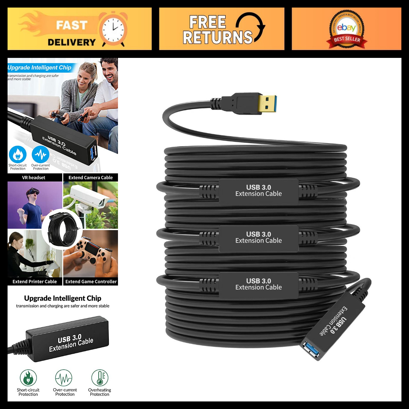 100FT USB 3.0 Active Extension Cable A-Male to A-Female, High-Speed Data for VR,