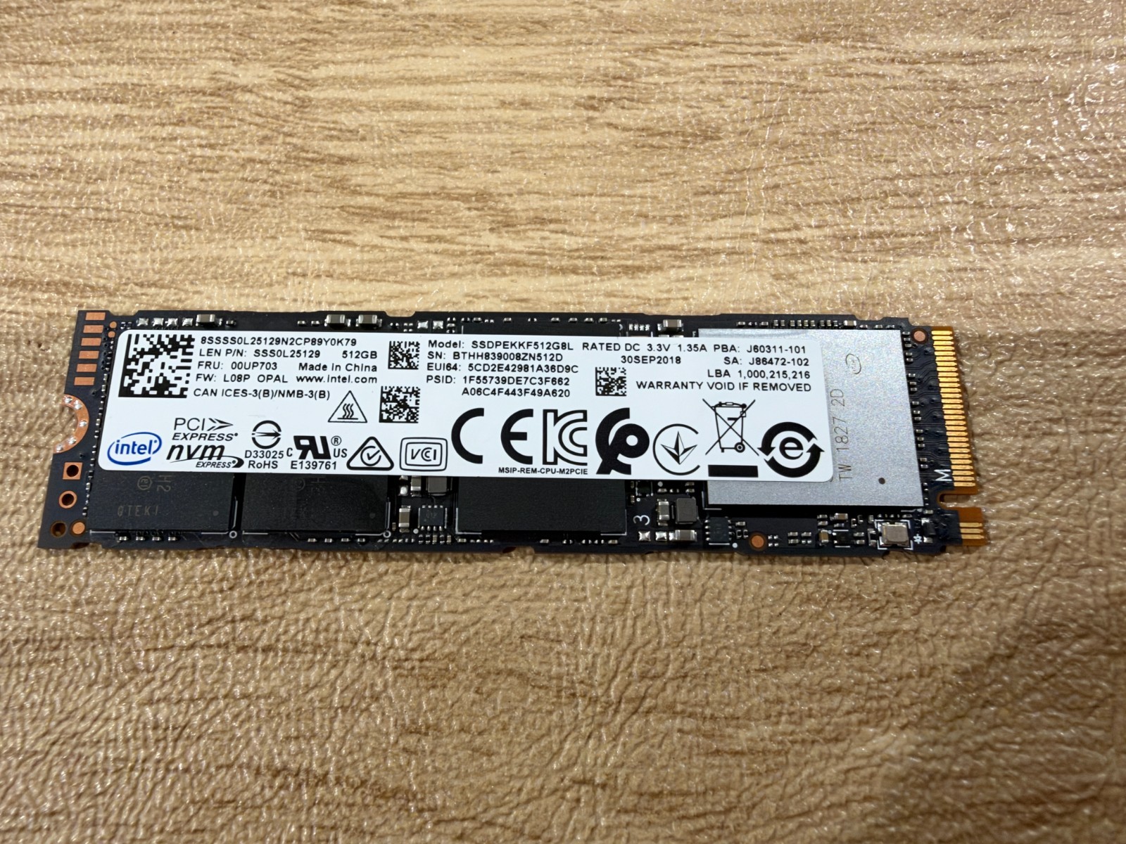 Intel 512GB NVMe PCIe M.2 SSD SSDPEKKF512G8L Health Good 97%