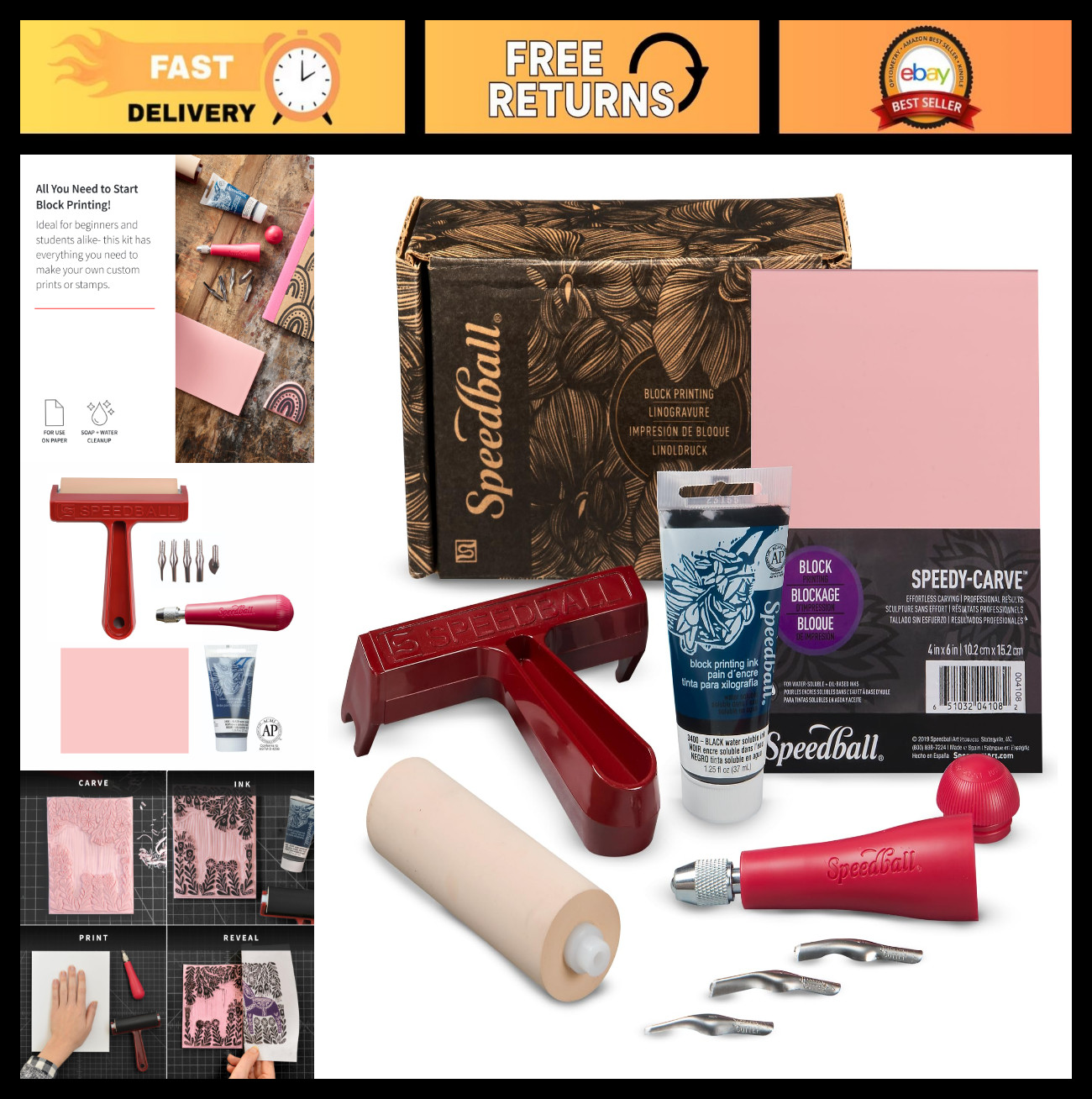 Block Printing Starter Kit - Ink, Brayer, Lino Handle, Cutters & Speedy-Carve