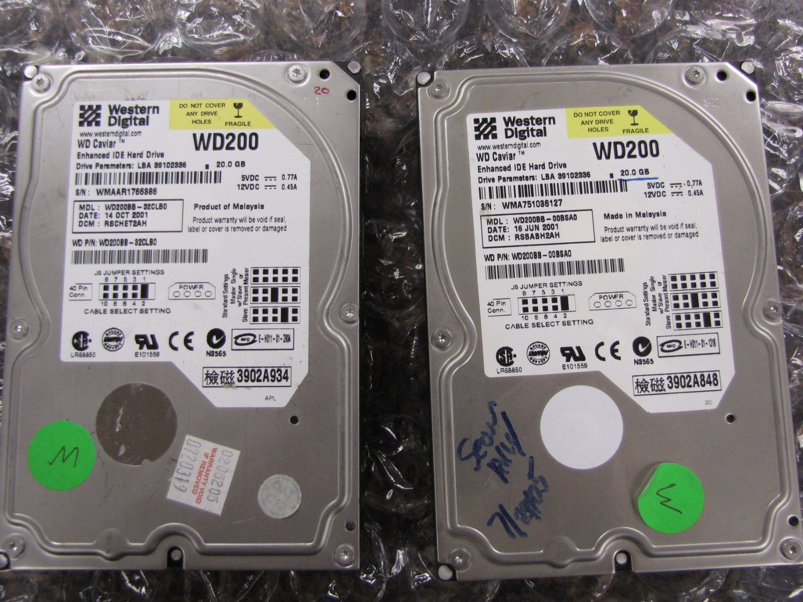 2x Western Digital Caviar WD200 IDE 20GB Hard Drives WD200BB -TESTED- NN29