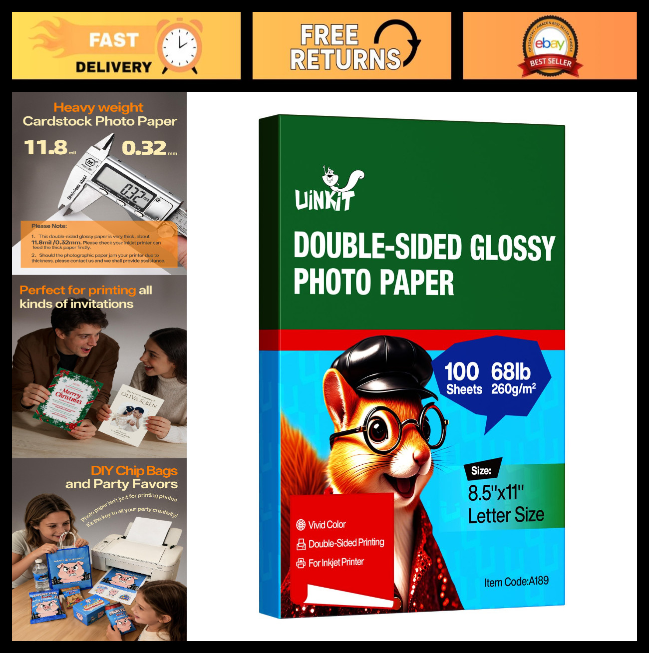 Thick Glossy Double-Sided Photo Paper 100 Sheets 8.5x11" Heavyweight 68lb 260gsm