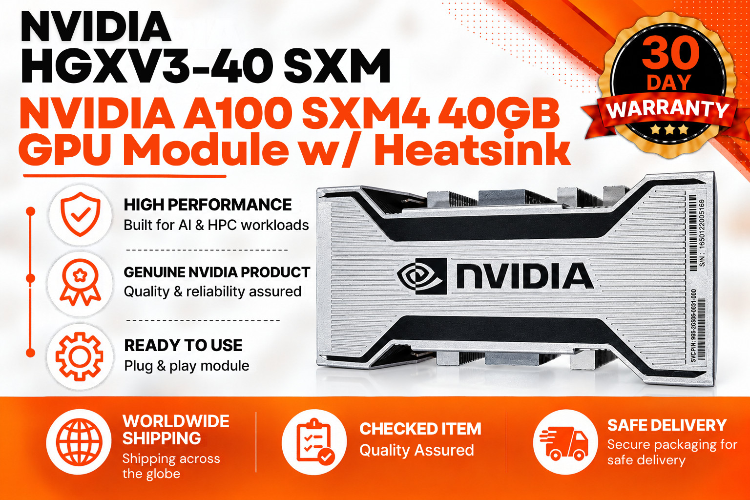 NVIDIA A100 SXM4 40GB HGXV3-40 GPU Module w/ Heatsink