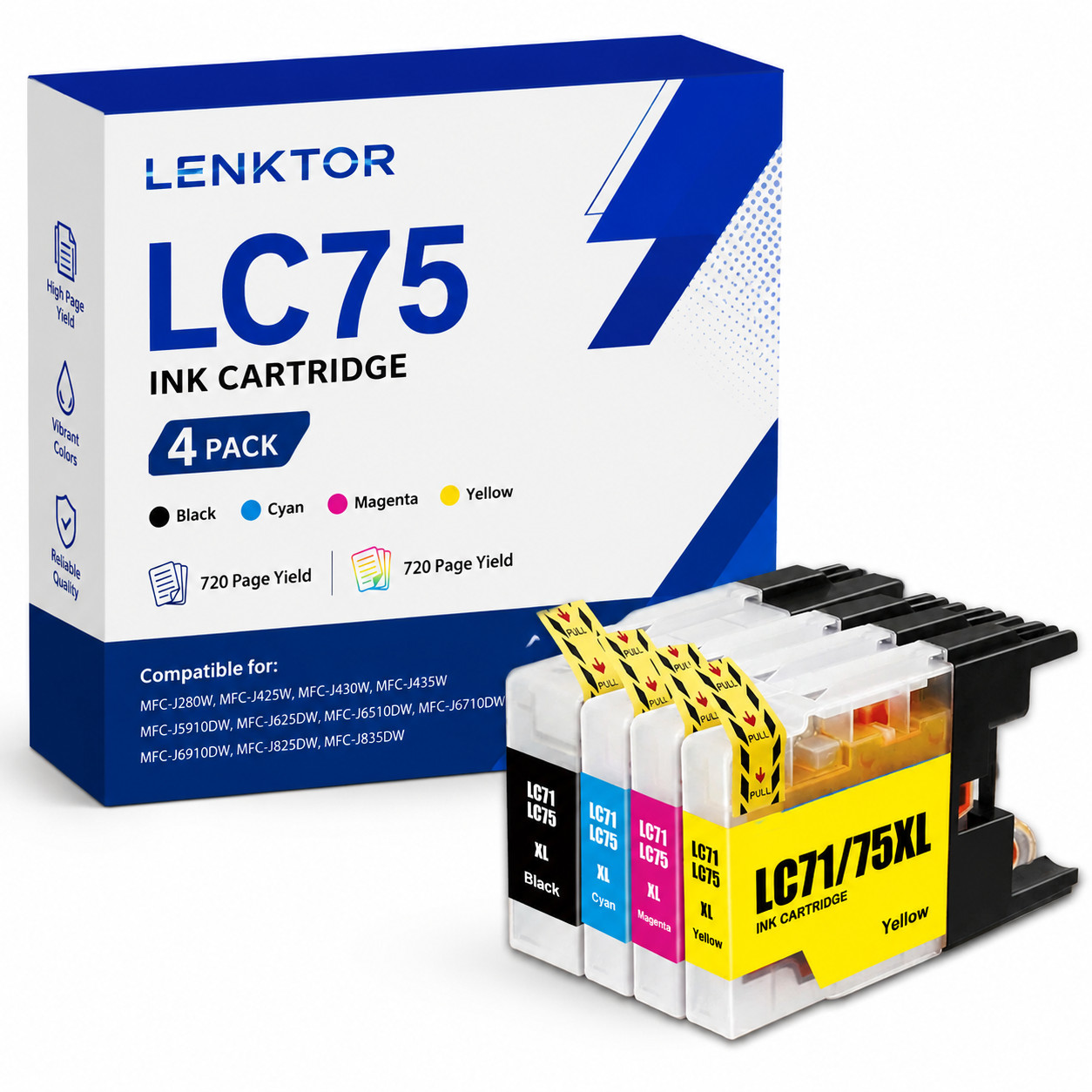 LC75 4PK High Yield With Chip BK/C/M/Y Ink fit for MFC-J280W J425W J430W J435W 