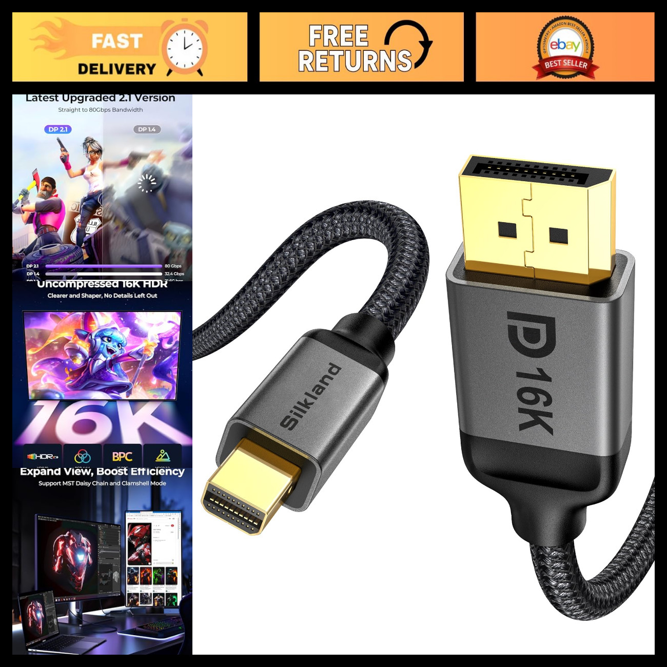 16K Mini DisplayPort to DisplayPort 2.1 Cable, 6.6FT, 60Hz, High-Speed Video Cab