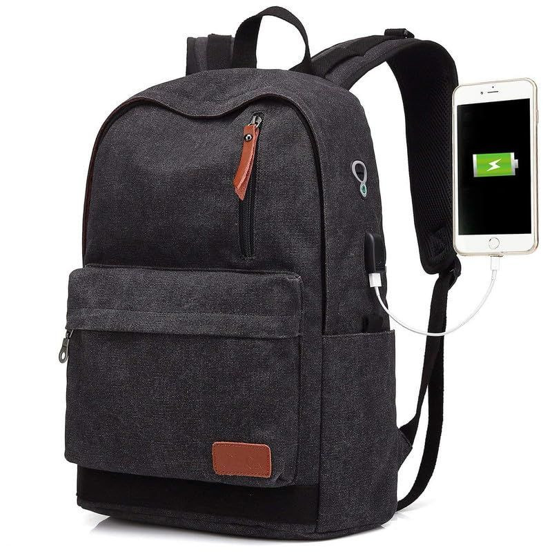 UNIWALK Canvas Laptop Backpack, Waterproof Vintage Backpack With USB Black 