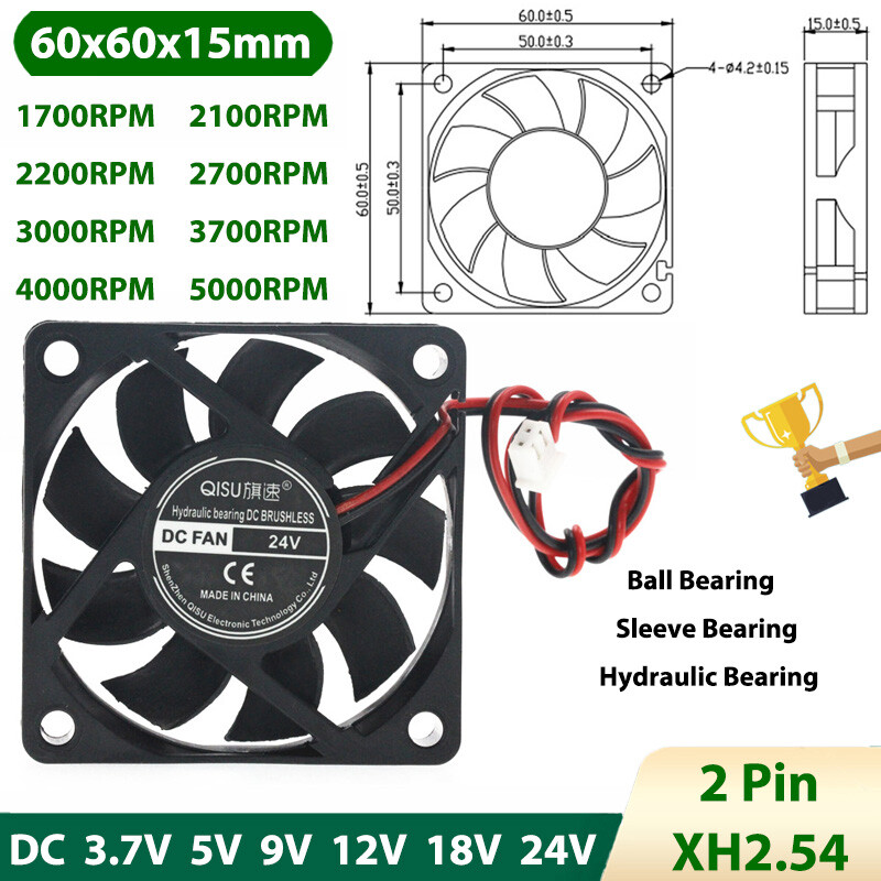 6015 DC Brushless Cooling Fan Mini Silent Fans 3.7/5/9/12/18/24V 1700RPM-5000RPM