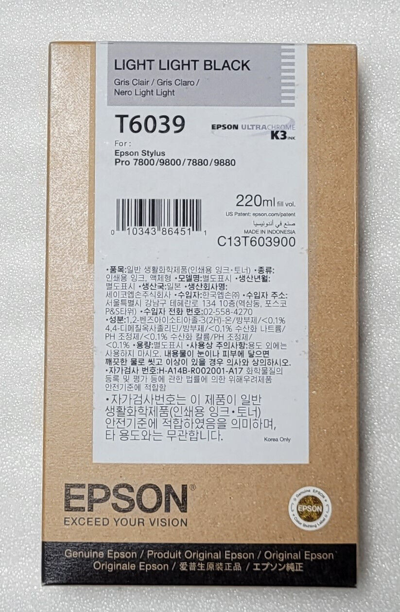 Genuine Epson T6039 Light Light Black UltraChrome K3 Ink Cartridge (220 ml)