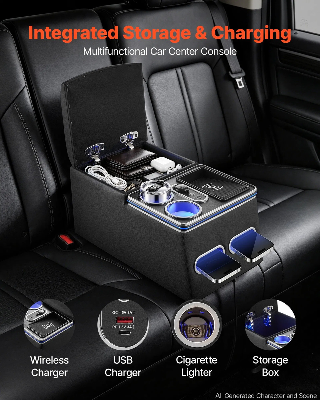 Universal Rear Bench Seat Center Console with 7-Color Ambient Lights, Wireless/U