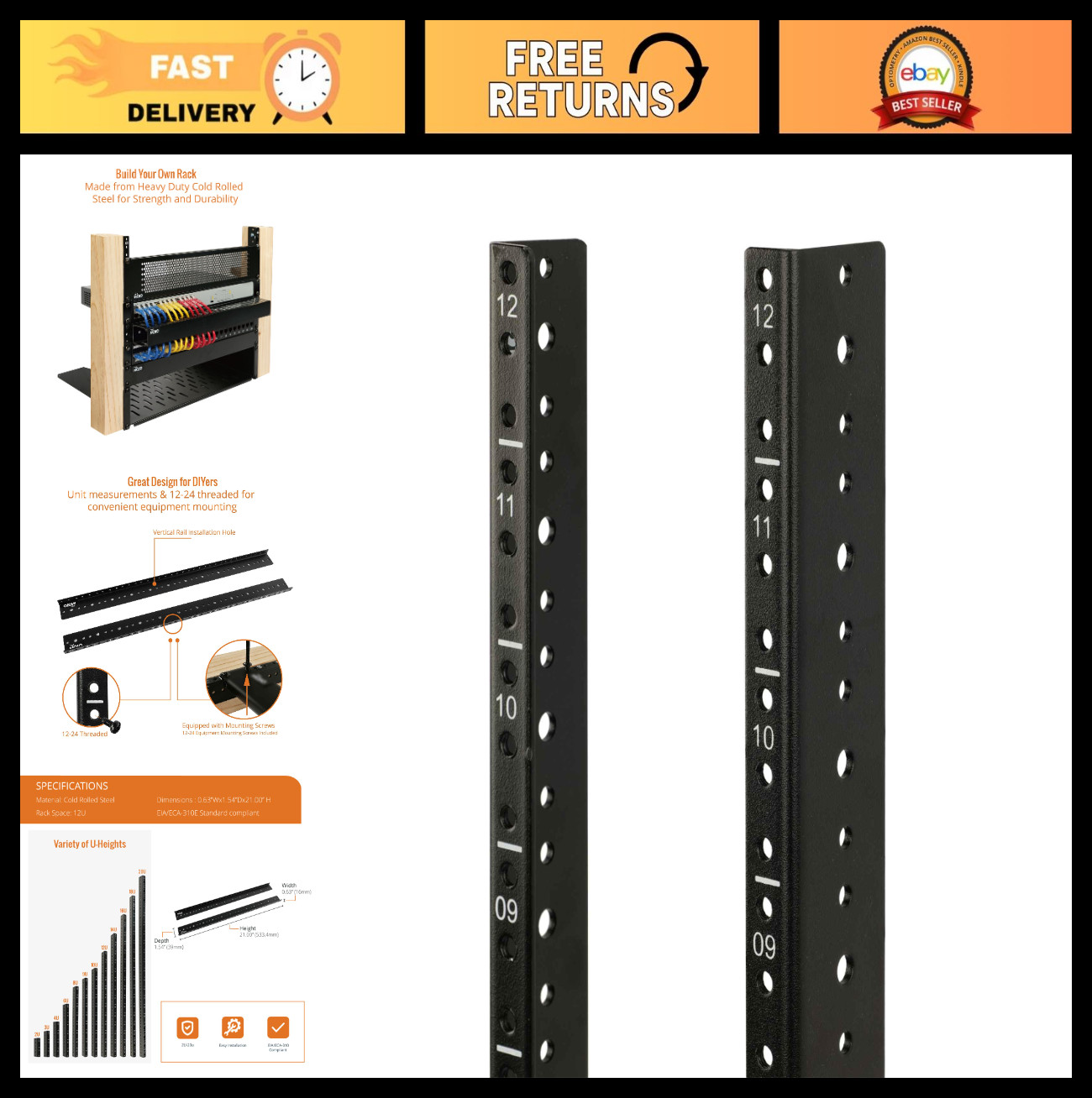 12U Vertical Server Rack Rail Kit - DIY Mounting Rails with Screws, Black