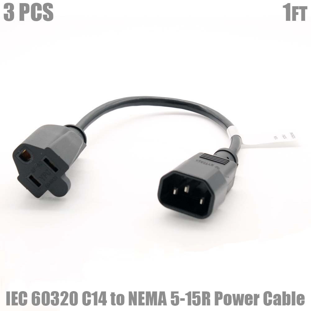 3x 1FT 18/3 Power Cord Cable IEC 60320 C14 to NEMA 5-15R 18AWG 3-Prong SVT Black