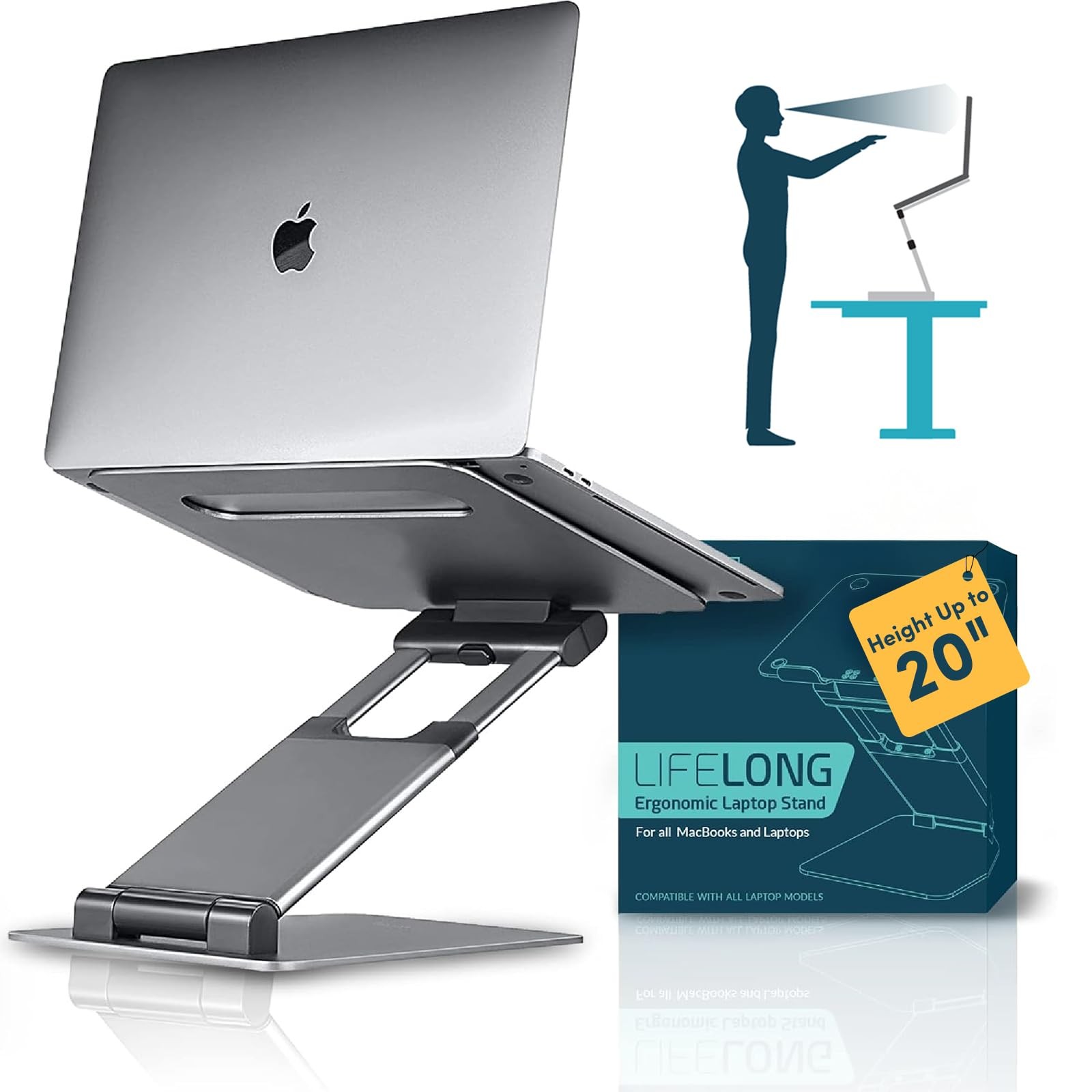 Ergonomic Laptop Stand For Desk, Adjustable Height Up To 20, Laptop Riser