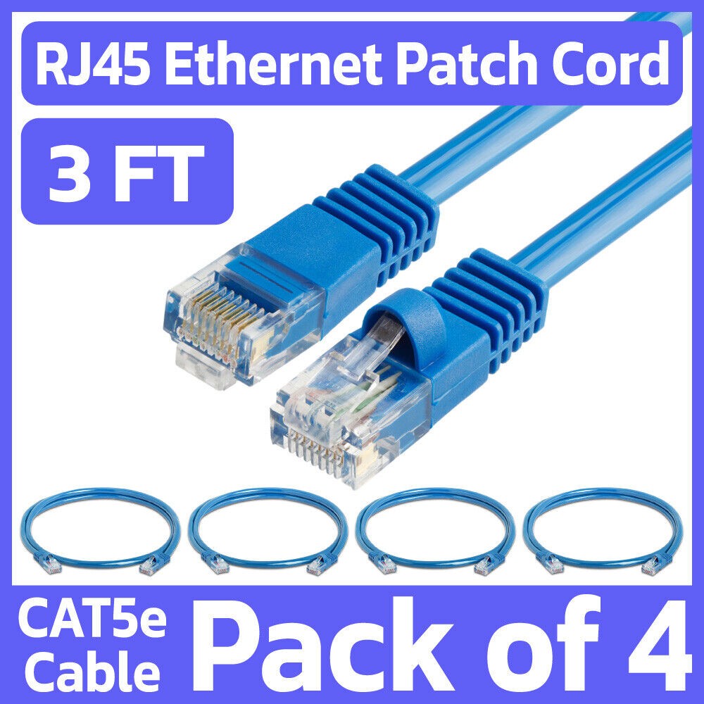 4 Pack Cat5e Patch Cable Blue 3FT Ethernet Cord Lan Network Internet Wire RJ45