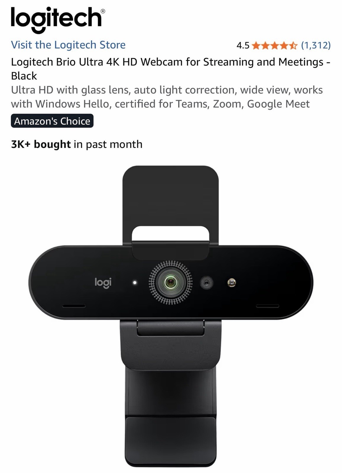 Logitech Brio Ultra 4K HD Webcam for Streaming and Meetings - Black