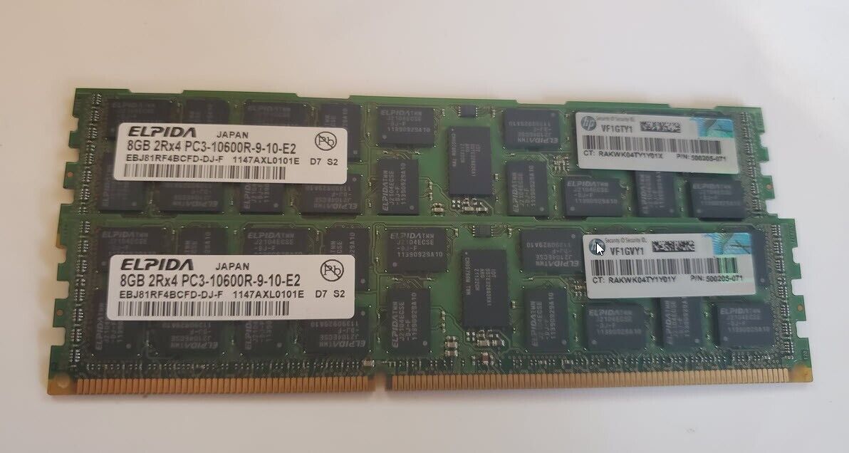 HP 16GB (2x8GB) SERVER Memory PC3-10600 1333MHz DDR3 RAM  500205-071 *ELPIDA*