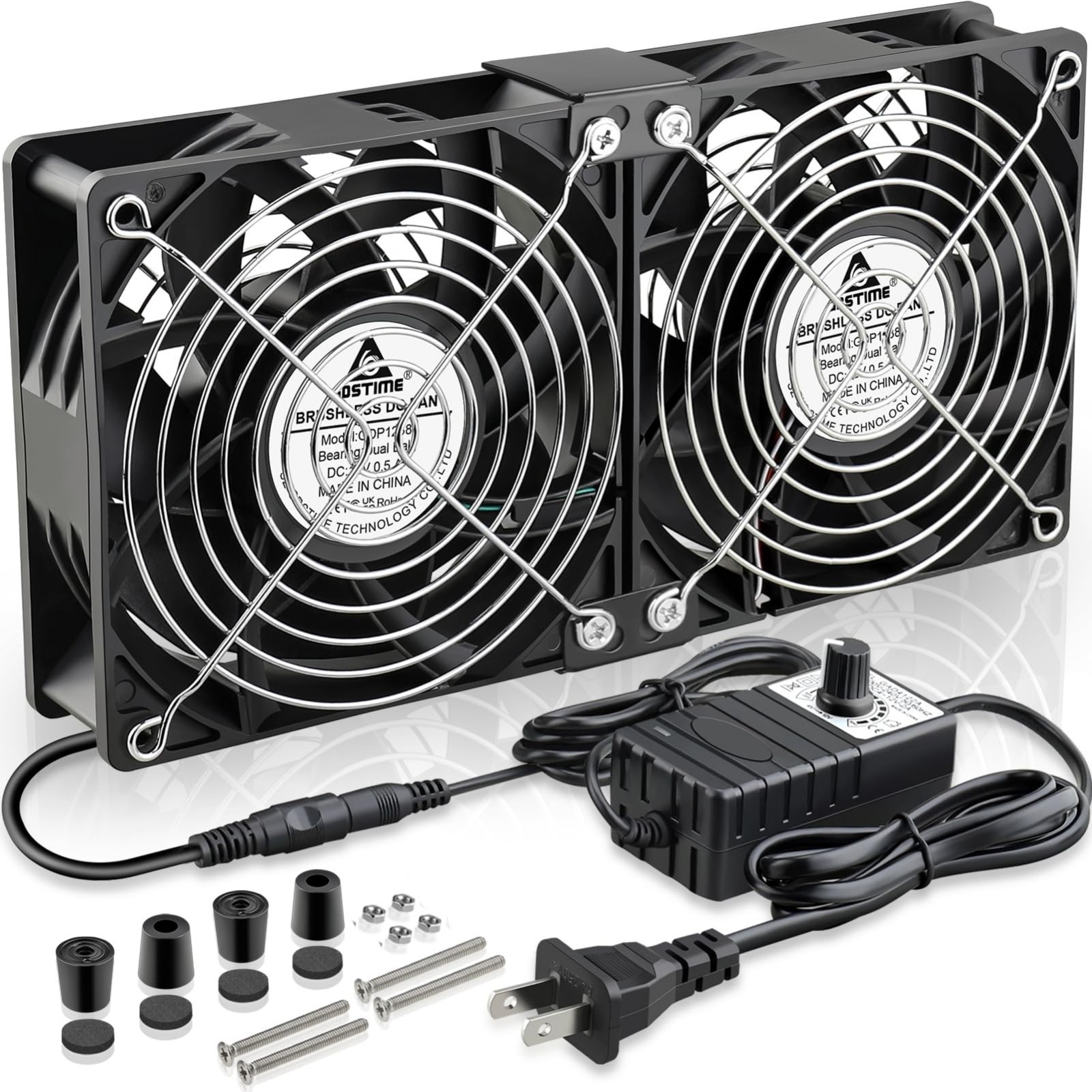 2X 120mm Computer Fan with AC Plug & Speed Control, 110V-240V, Quiet Cooling