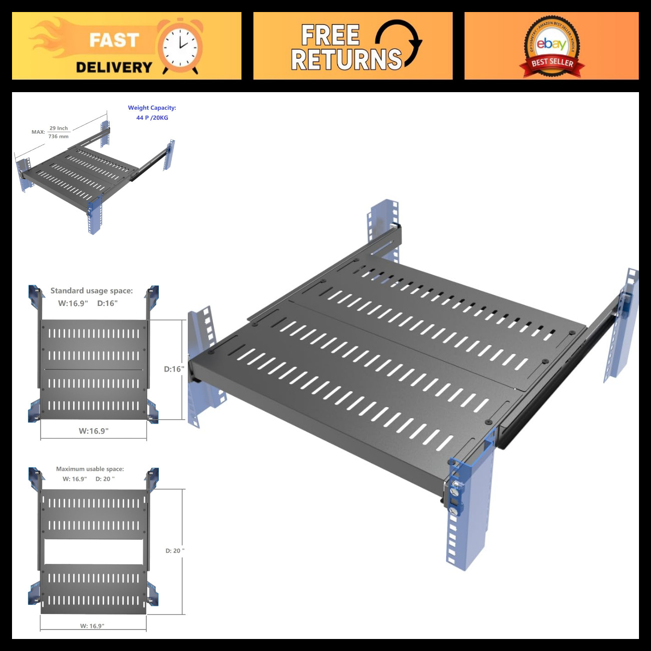 Adjustable 4-Post Server Shelf, Vented Design, Fits 16.5"-29" Depth Racks
