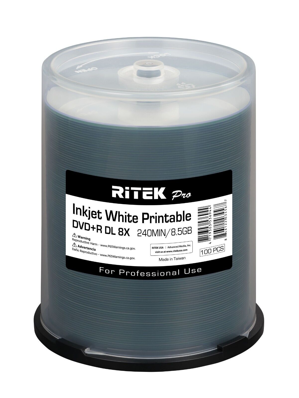 100 Pack Ritek Pro DVD+R DL Dual Layer 8.5GB 8X White Inkjet Hub Printable Disc