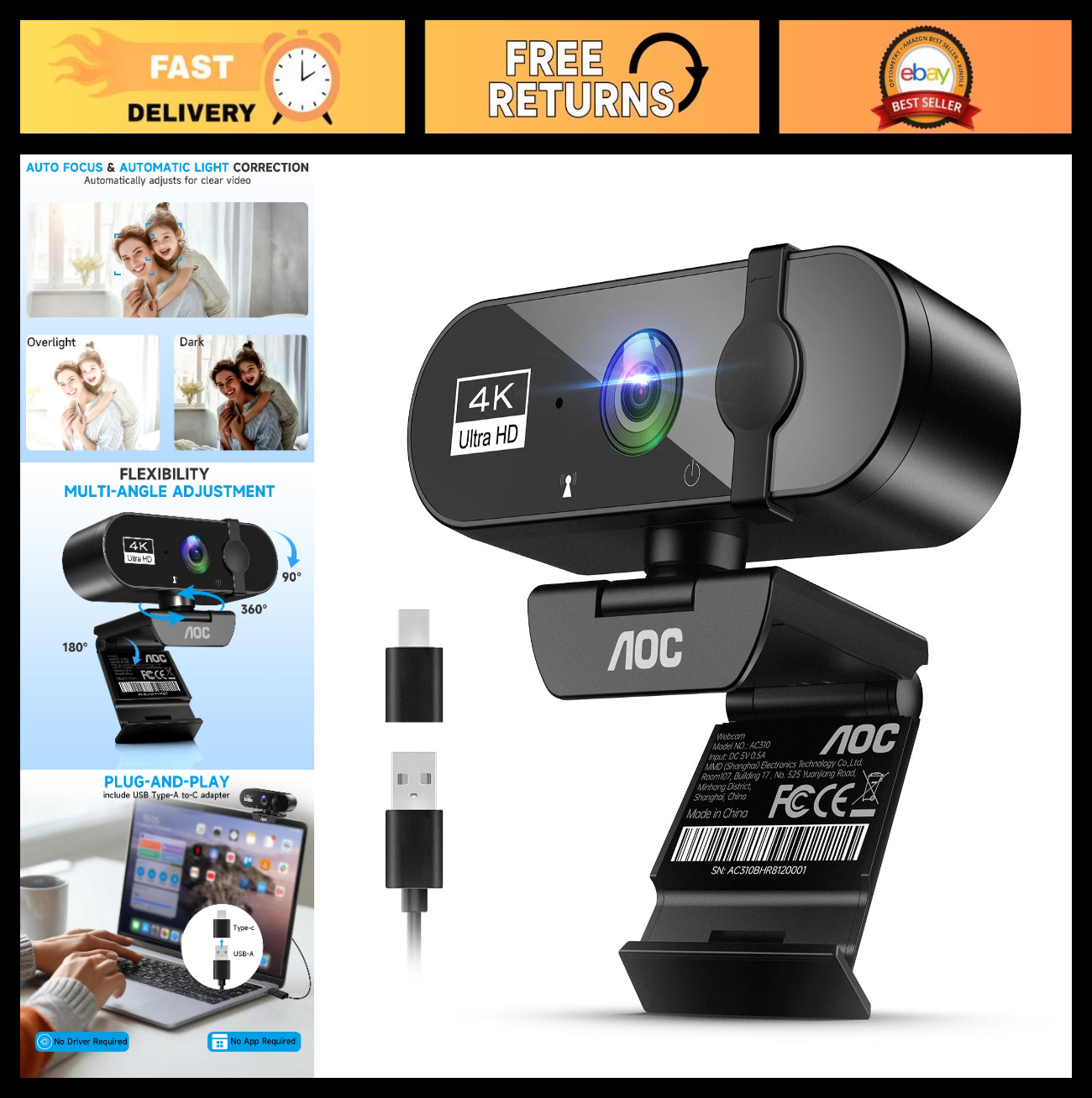 4K Webcam for PC, Streaming Computer Camera with Noise-Canceling Mic