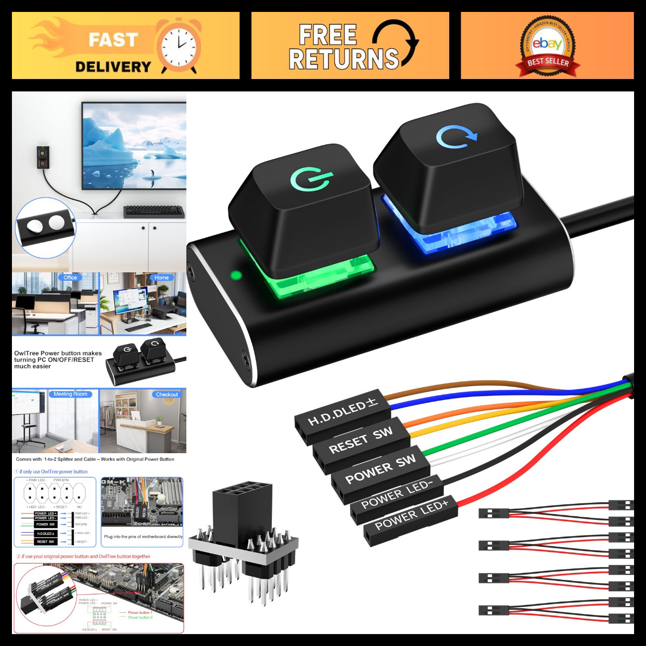 External PC Power Button Switch Splitter, Reset ON/OFF, HDD LED, Aluminum Design