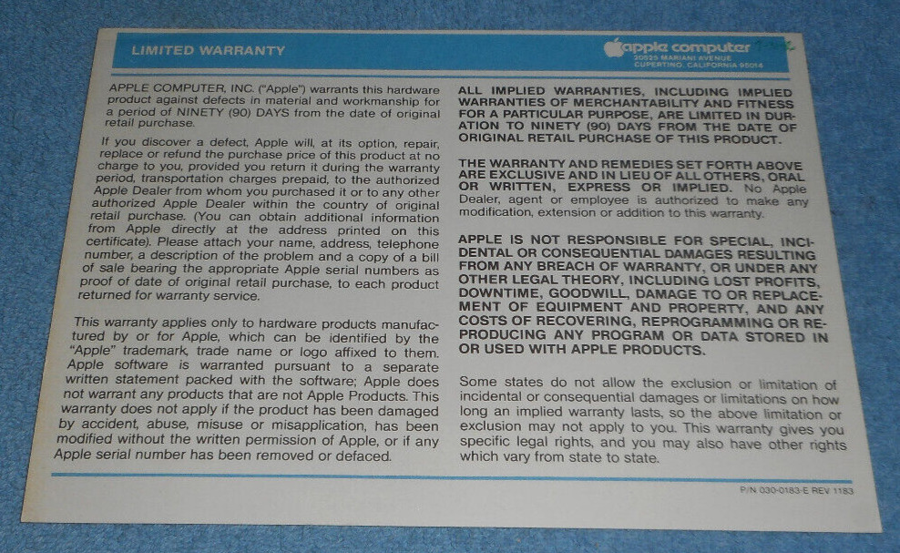 Circa 1983 Apple Hardware Product Limited Warranty Card