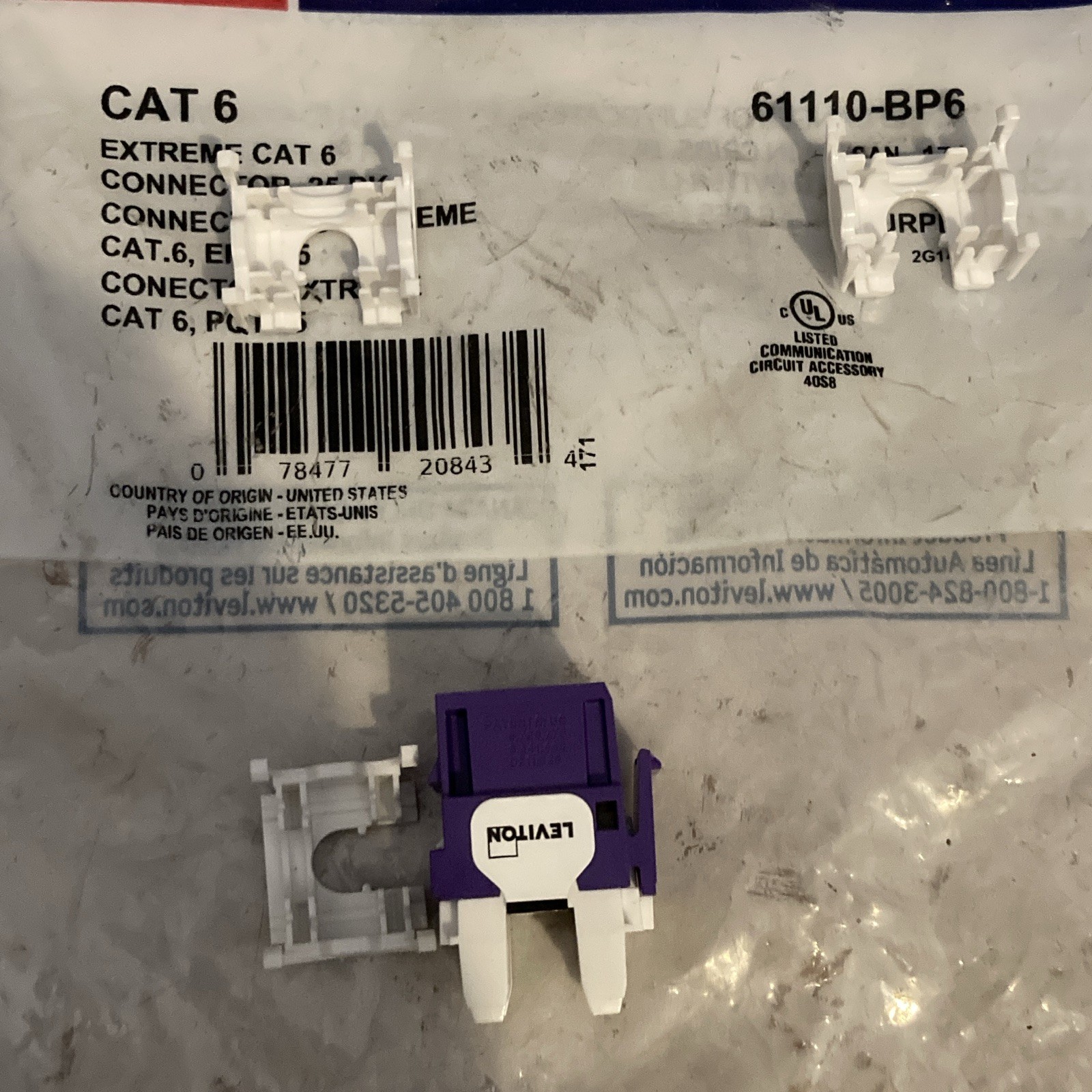 Leviton 61110-BP6 Extreme CAT6 RJ-45 Connector, T568A/B, UL, Wht/Purp