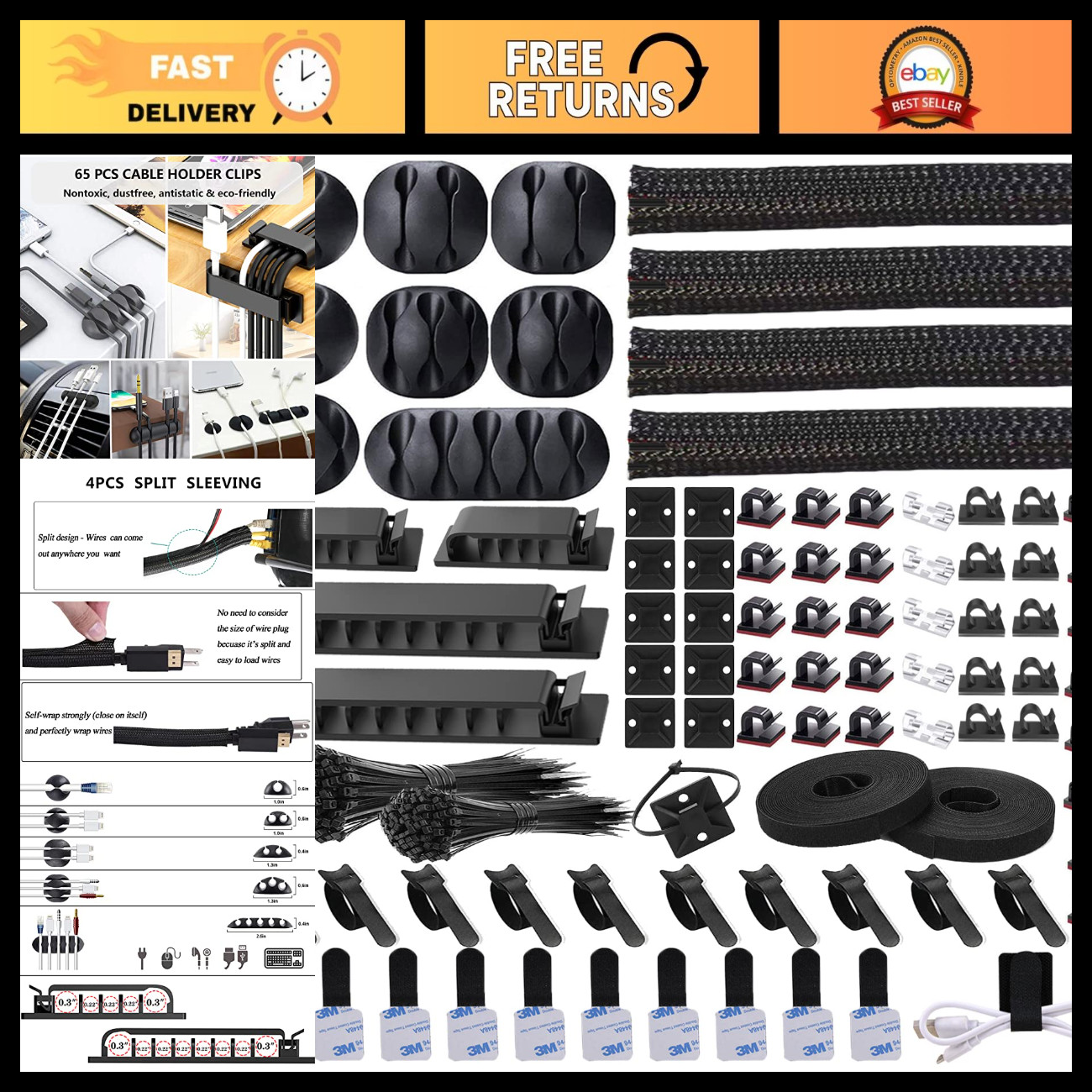 311Pcs Cable Management Organizer Kit - 4 Split Cable Sleeves & Accessories