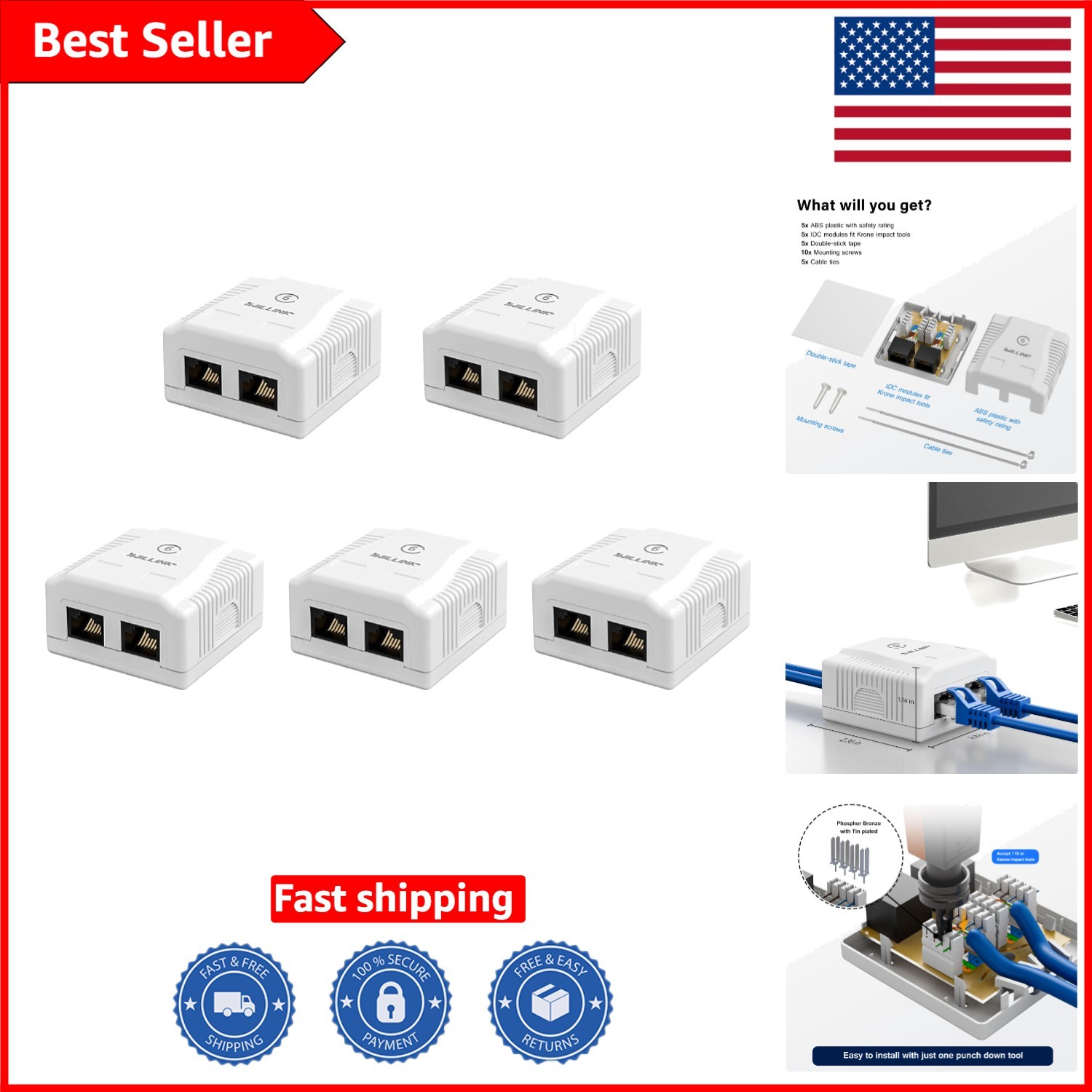 5-Pack Surface Mount Cat6 Ethernet Box with 2 RJ45 Ports for Seamless Setup