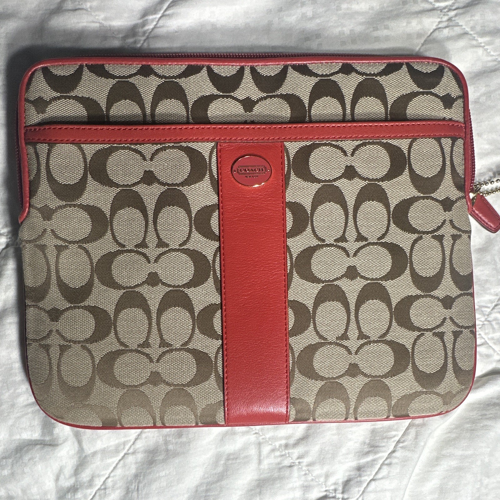 Coach Signature Padded Zip Tablet Sleeve/Pouch Canvas Beige Brown Red