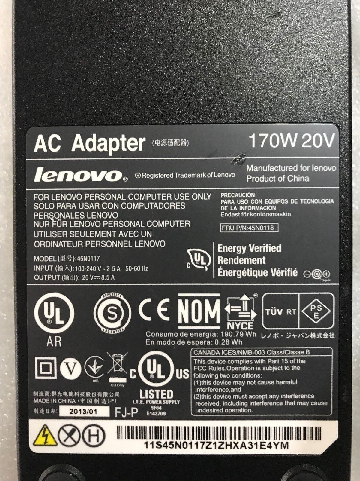Genuine Lenovo 170W 20V 8.5A AC Adapter for W520 W530 