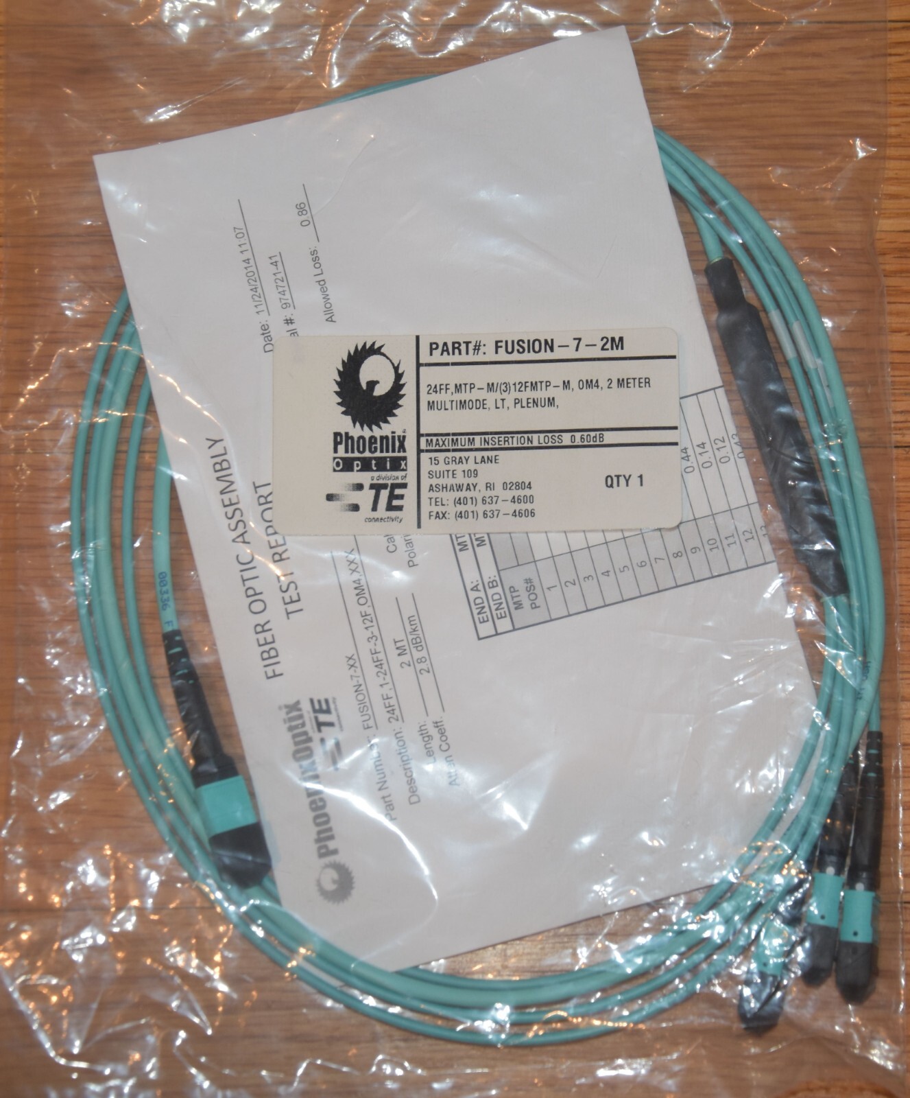 24-Fiber OM4 MTP Male to 3 MTP  Male Fiber Optic Fanout Cable Aqua Jacket 2M NEW
