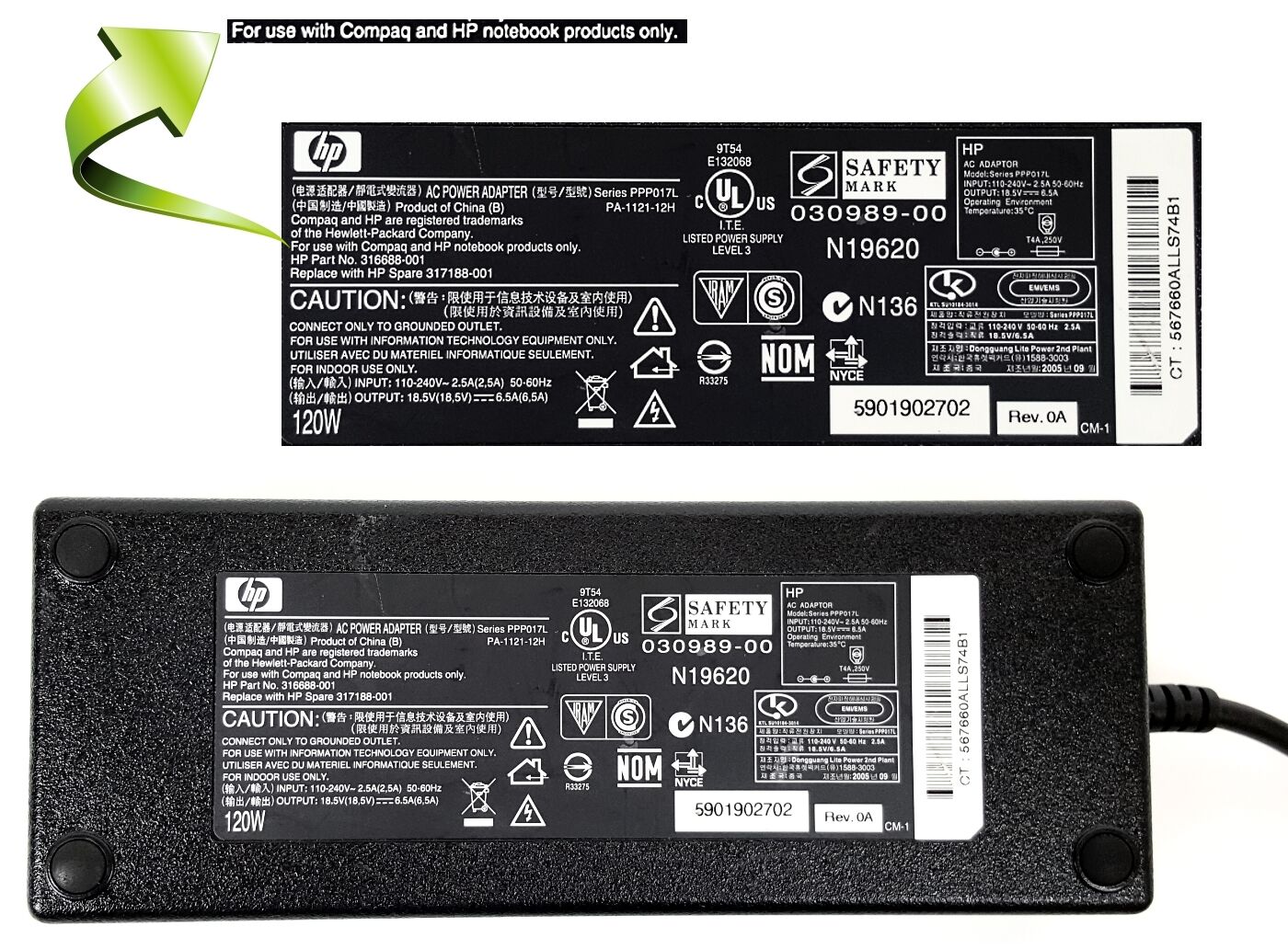  Genuine HP Compaq 120W AC Power Adapter PPP017L PPP017h 316688-001 317188-001